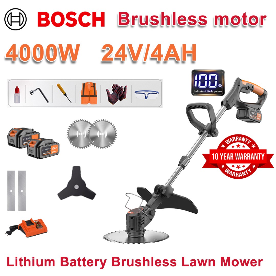 4000 W kefe nélküli fűnyíró + 24V/4AH lítium akkumulátor * 2 + 10 hüvelykes körfűrészlap * 2 + ötvözött fűrészlap * 2 + háromszárnyú fűrészlap + eredeti töltő + egyéb tartozékok + tíz év garancia