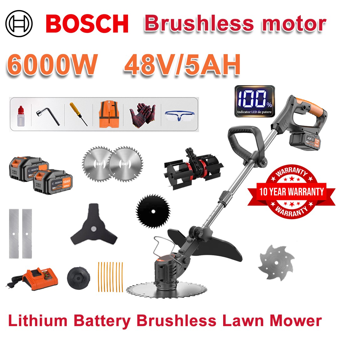6000W kefe nélküli fűnyíró + 48V/5AH lítium akkumulátor * 2 + 10 hüvelykes körfűrészlap * 2 + 10 hüvelykes acél fűrészlap + ötvözött fűrészlap * 2 + háromszárnyú fűrészlap + ekefej + hajtásgátló lemez + eredeti töltő + egyéb tartozékok + Tíz év garancia