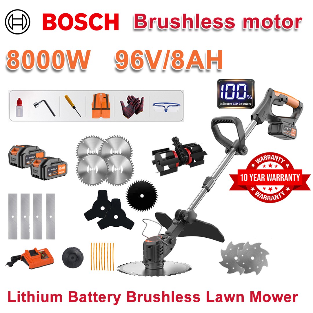 8000 W kefe nélküli fűnyíró + 96V/8AH lítium akkumulátor * 2 + 10 hüvelykes körfűrészlap * 4 + 10 hüvelykes acél fűrészlap + ötvözött fűrészlap * 4 + hárompengés penge * 2 + ekefej + összehajtásgátló penge * 2 + legeltetés fej + Eredeti töltő + Egyéb tartozékok + Tíz év garancia