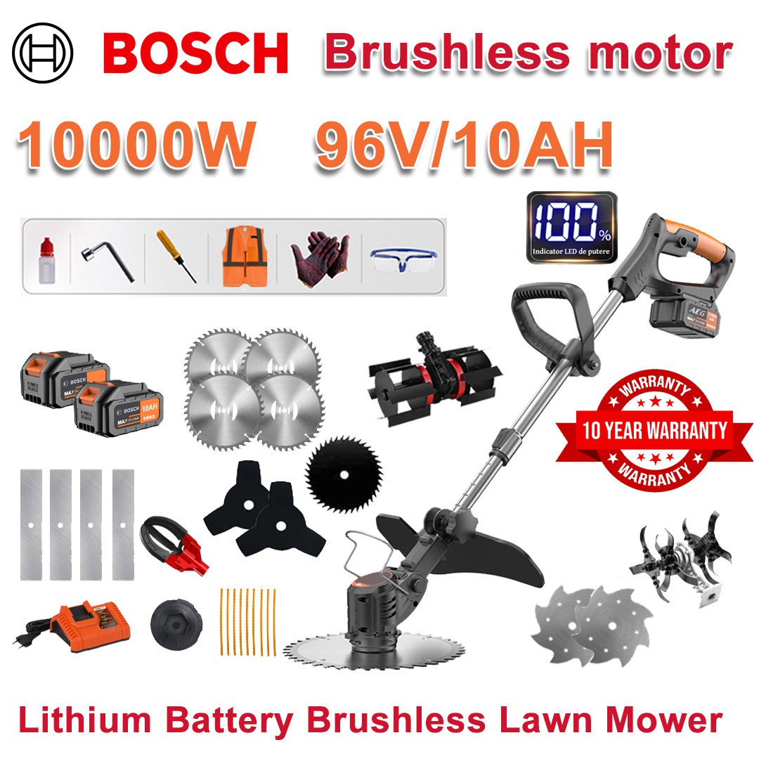 10000 W kefe nélküli fűnyíró + 96V/10AH lítium akkumulátor * 2 + 10 hüvelykes körfűrészlap * 4 + 10 hüvelykes acél fűrészlap + ötvözött fűrészlap * 4 + háromszárnyú fűrészlap * 2 + ekefej + összehajtásgátló penge * 2 + fej + Eredeti töltő + Egyéb tartozékok + Gyomláló fej + Gyümölcsszedő fej Tíz év garancia